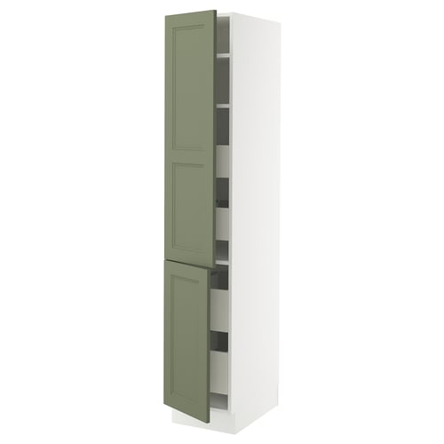 Green kitchen cabinet, white frame, double doors with shelves.