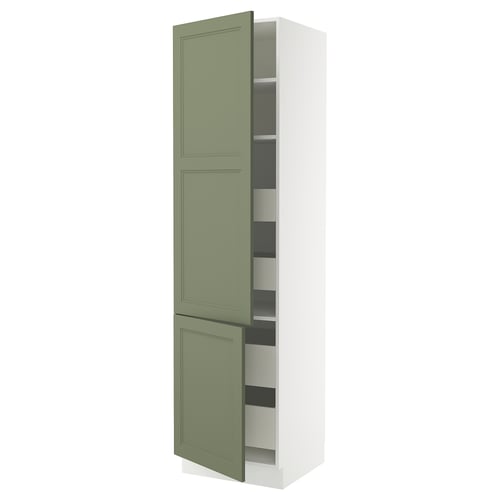 A tall white cabinet with green doors, open to reveal shelves. Modern storage design.