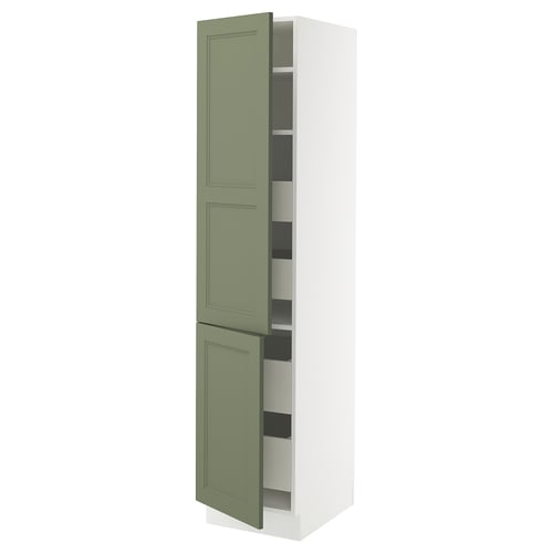 SEKTION kitchen cabinet in grey-green with two doors open, white interior, adjustable shelves.
