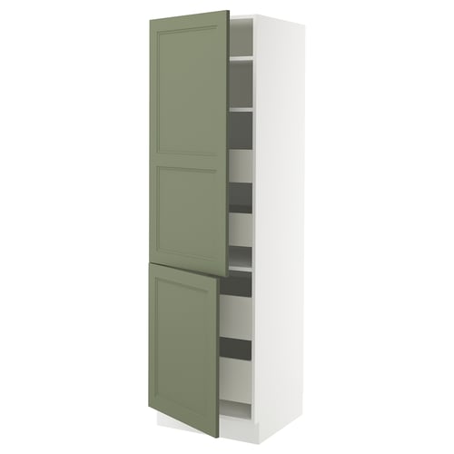 High green cabinet, modern style, four shelves, white frame, right-opening door.