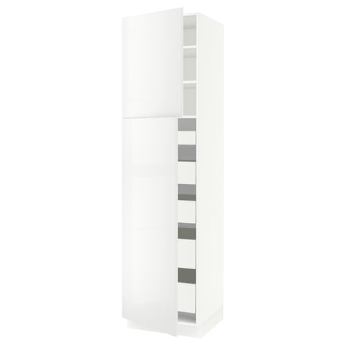 A white SEKTION kitchen cabinet with glossy, modern design, featuring multiple drawers and shelves.