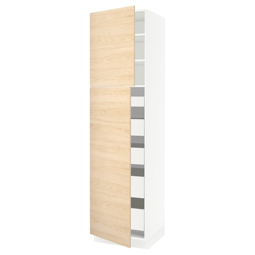 White tall cabinet with light wood doors and adjustable shelves.
