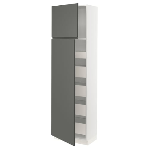 Ikea SEKTION kitchen cabinet, dark grey, tall, modern, with shelves.