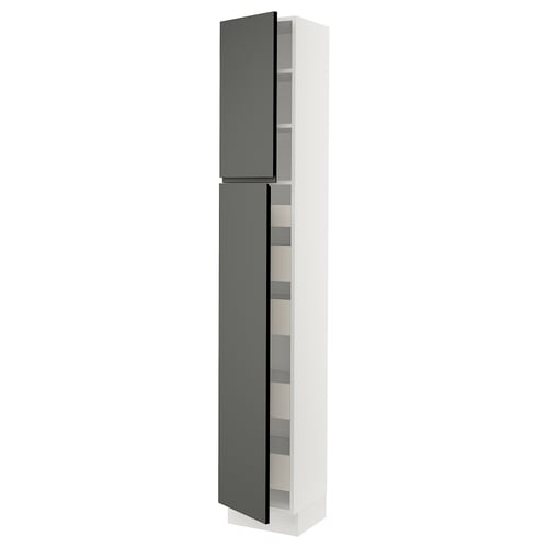 Ikea SEKTION tall kitchen cabinet, dark gray, white interior, modern design.