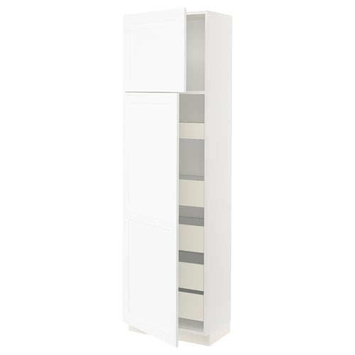 This image shows a white SEKTION cabinet with silver handles and multiple shelves, ideal for kitchens.