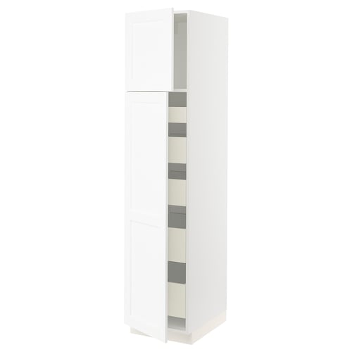 A white SEKTION kitchen cabinet with open doors, revealing adjustable shelves. It has a modern, minimalist design with a smooth finish.