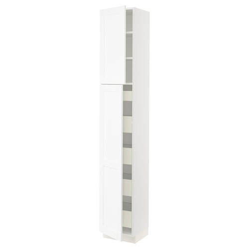 SEKTION white cabinet with subtle grain, tall and slim, four shelves behind door.