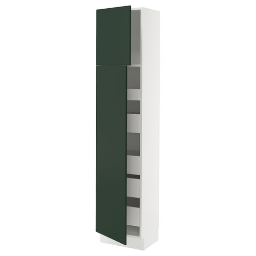 Modern white cabinet with tall green doors and multiple shelves.