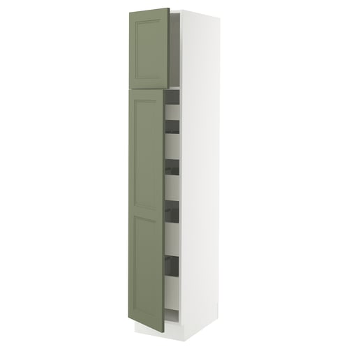 A tall, white kitchen cabinet with green doors, featuring drawers inside. The design is sleek and modern.