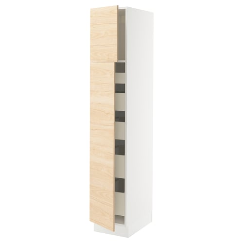 A white SEKTION kitchen cabinet with light ash wood doors, featuring adjustable shelves and a drawer.