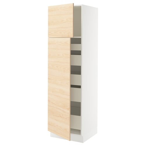 A SEKTION kitchen cabinet in white and light ash wood. It adjustable shelves and soft-closing drawers.