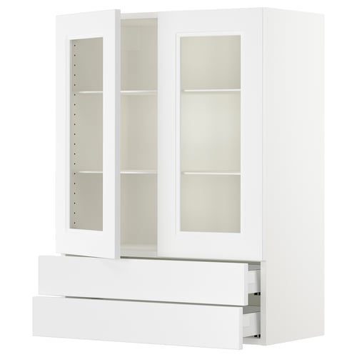 Alt:text: white SEKTION kitchen cabinet with glass doors and drawers.