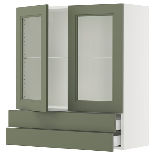 SEKTION kitchen cabinet with grey-green axstad glass doors, featuring adjustable shelves and a drawer. Modern and spacious design.