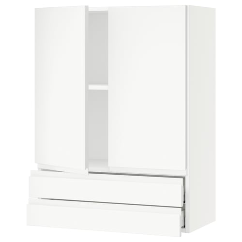 White modern kitchen cabinet with minimalist design, featuring sleek drawers and adjustable shelves.