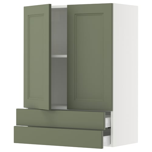 Green SEKTION kitchen cabinet with three drawers and two doors.