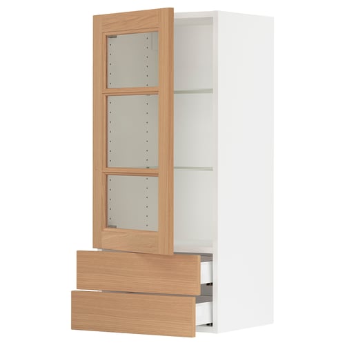 SEKTION kitchen cabinet, white with oak drawers and shelves.