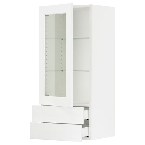 Modern white SEKTION kitchen cabinet with glass doors, adjustable shelves, smooth close.