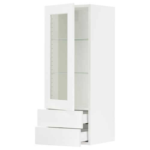 White cabinet with glass doors and drawers, modern design.