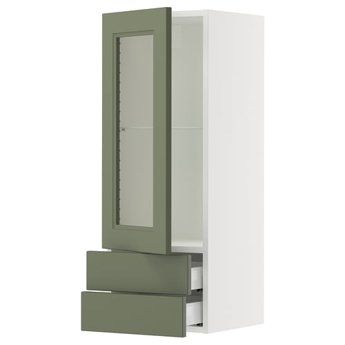 Modern kitchen cabinet: white & olive green. Glass doors, metal drawers, adjustable shelves.