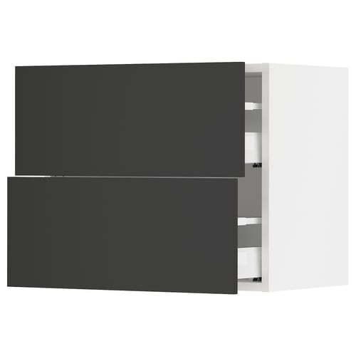 Black ikea SEKTION drawers with dark fronts, minimalist design, grey slides, white frame, modular kitchen.