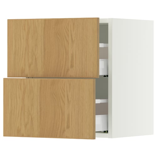 Light brown wooden cabinet with two open doors, revealing inner shelves.