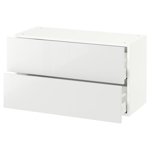 White modern kitchen cabinet with sleek, glossy finish and two drawers.