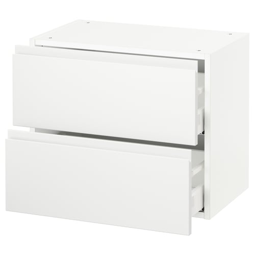 White modern kitchen cabinet with two drawers, sleek design.