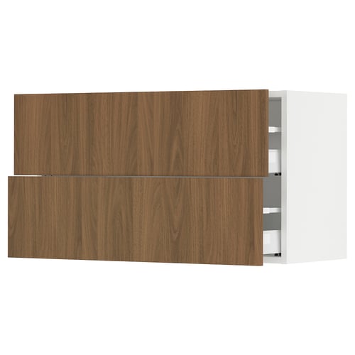SEKTION kitchen cabinet, walnut finish, two drawers open.