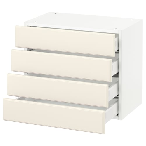 This image shows a white SEKTION kitchen cabinet with four off-white drawers featuring bevelled edges and smooth, full-extension drawer runners.