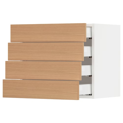 A white wall-mounted kitchen cabinet with four oak drawers, featuring a modern design and smooth drawer action.