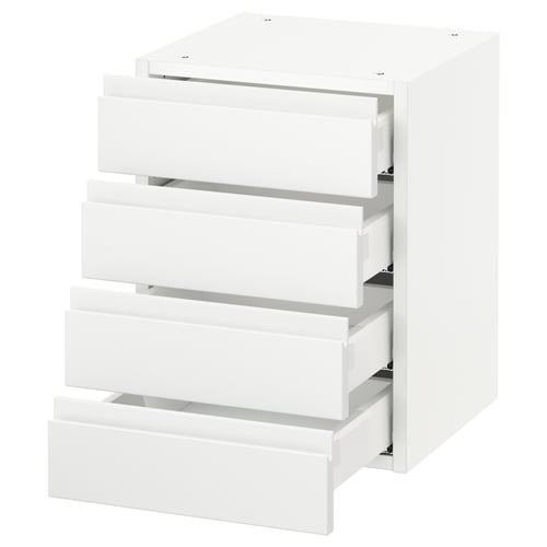 A white SEKTION kitchen cabinet with four full-extension drawers. The cabinet a modern, minimalist design with integrated handles.