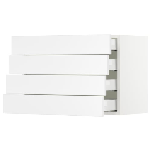 SEKTION white kitchen cabinets, modern design, four drawers, sleek handles.