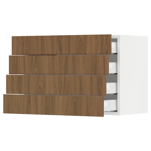 Walnut-colored wooden kitchen cabinet with four drawers, white and sleek design.