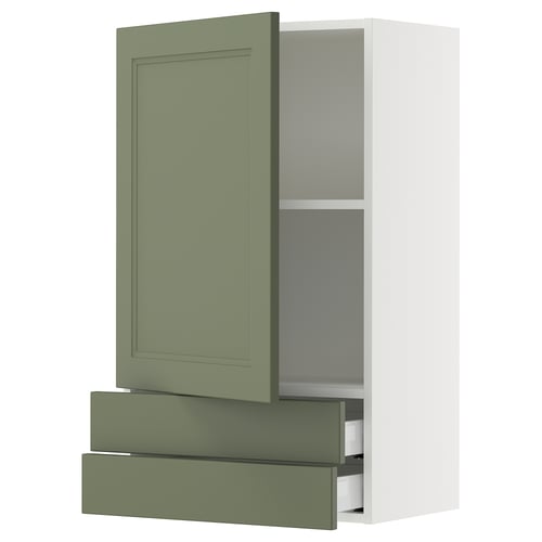 SEKTION kitchen cabinet in greenish-gray with drawers, minimalist design.