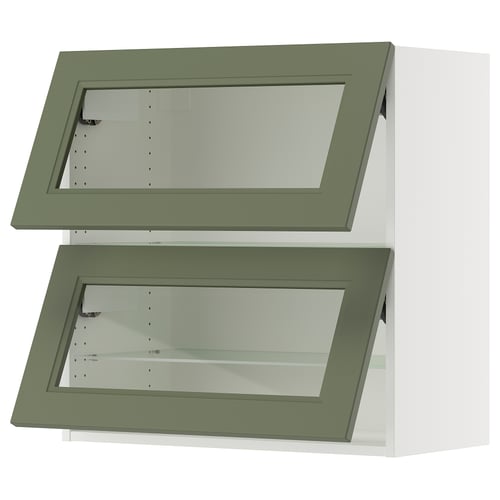 Green glass-front wall cabinets, modern design.