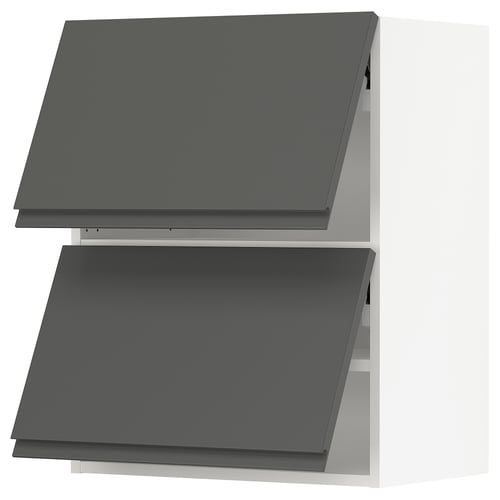 Modern kitchen cabinets in grey; white background, sleek design, wall-mounted.