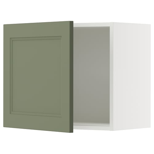 Green kitchen cabinet with square design.
