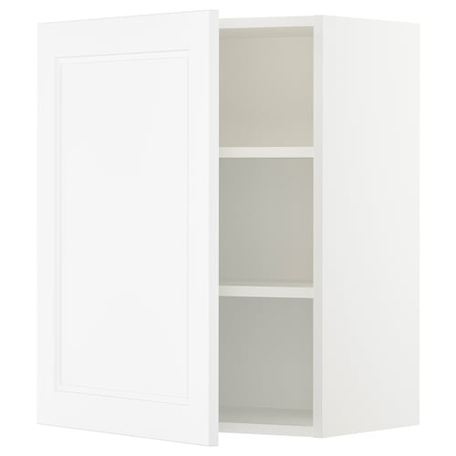 A white SEKTION kitchen wall cabinet with a door and two adjustable shelves inside.