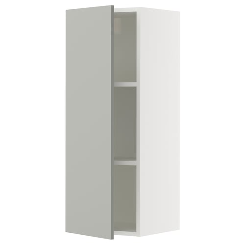 Grey kitchen cabinet, modern, single door, adjustable shelves.