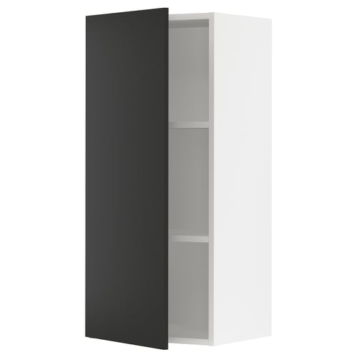 Black ikea SEKTION kitchen cabinet with white interior, two shelves.