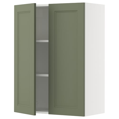 Green SEKTION kitchen cabinet, open with adjustable shelves inside. Wall-mounted.