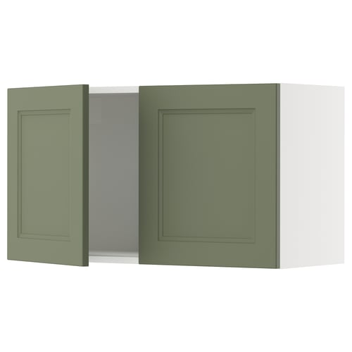 Green kitchen cabinet, square shape, clean design, with grey accents.