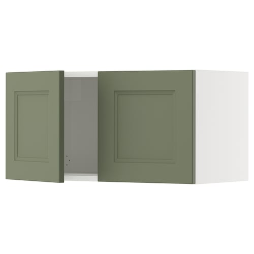 Green kitchen cabinets. Two doors are visible, one open, one closed. The design is simple and modern.