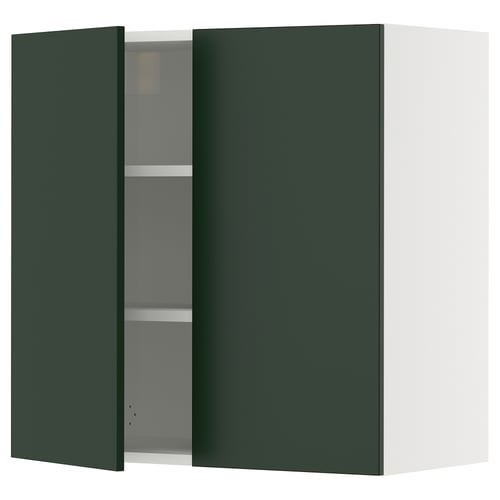 Green wall-mounted kitchen cabinet with one door open.