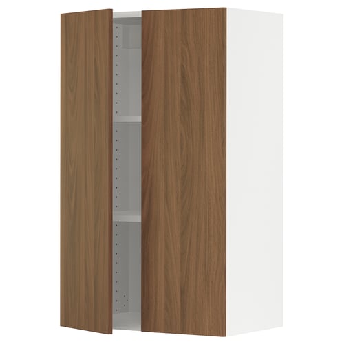 Wooden-style kitchen cabinet with two doors, adjustable shelf, and metal hinges.