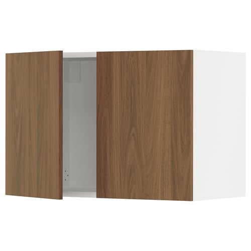 SEKTION kitchen cabinet with walnut wood look doors and white frame. Two large flat doors with open hinge.