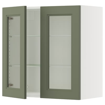 Green kitchen cabinet with glass door, modern design, adjustable shelves, wall-mounted.
