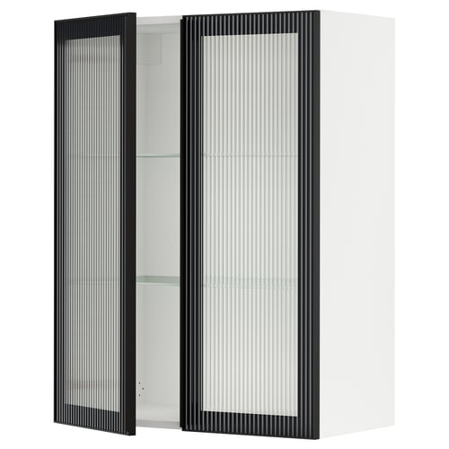 Modern black kitchen cabinet with fluted glass doors and adjustable shelves. Sleek and minimalist design.