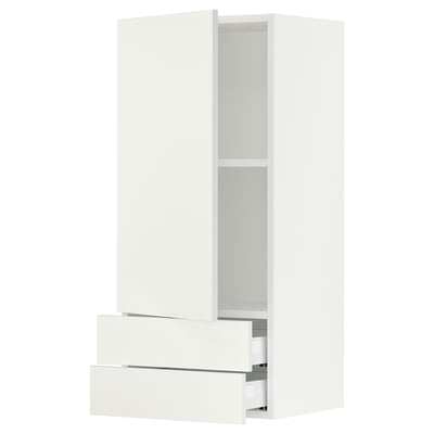 A white SEKTION kitchen cabinet with two drawers and a door.