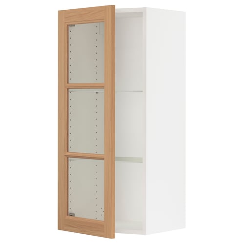 SEKTION kitchen cabinet, white & oak, tall, rectangular, glass shelves, modern design.